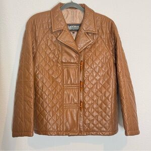 Elazar Quilted Leather Jacket Matelasse Equestrian Raglan Sleeve L Cognac Fauve